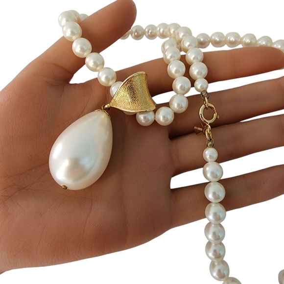 Vintage Sarah Coventry pearl necklace with pearl pendant teardrop gold - Picture 10 of 16
